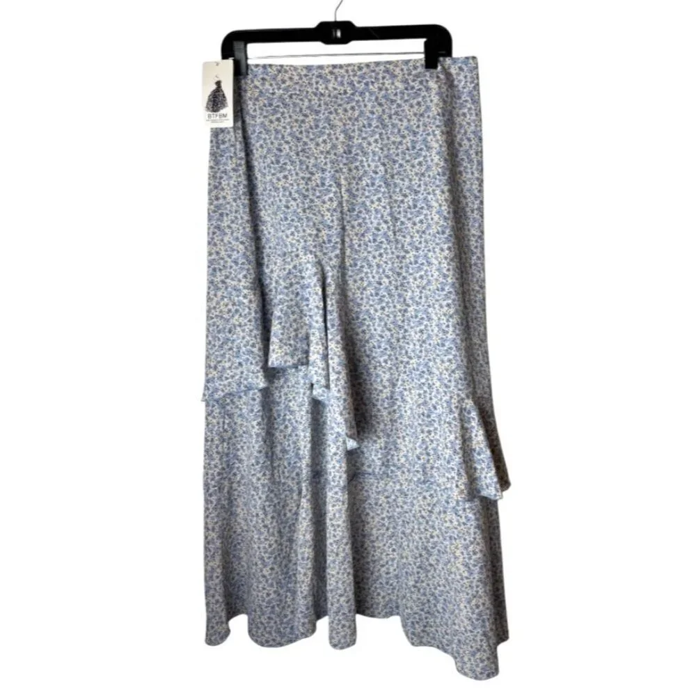 BTFBM Skirt Women XL Blue Floral Print Asymmetric Ruffle Hem Boho Maxi‎ NWT